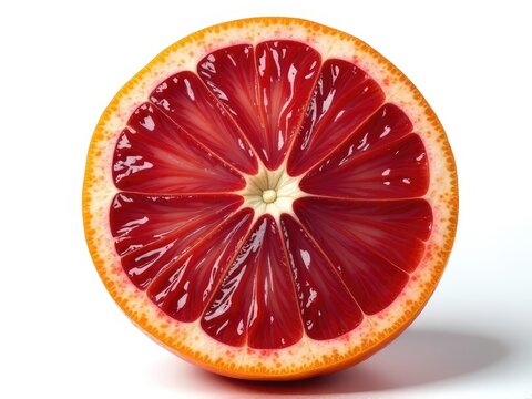 A fresh blood orange cut in half on a white surface, ready for juice or zest