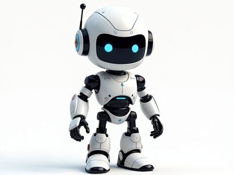 A white robot stands on a white surface, featuring blue eyes
