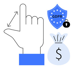 Obraz premium Data protection, user privacy, GDPR compliance, financial security, technology, digital safety. Hand pointing gesture, GDPR shield with lock and money bag. Data protection and user privacy concept