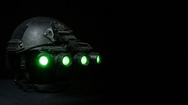 Tactical helmet with night vision goggles glowing green
