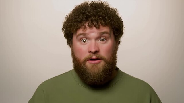 Shocked man with curly hair and beard expressing surprise and astonishment, facial expression video,.