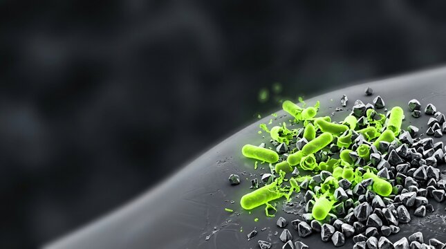Close up view of green bacteria infection on dark particles