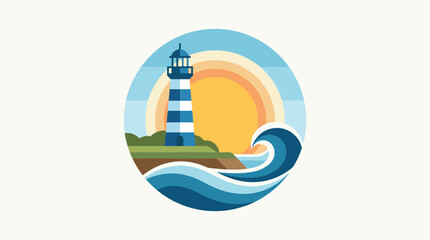 This vibrant graphic showcases a classic lighthouse by the coast, complemented by dynamic waves and a warm sunset, embodying themes of hope, guidance, and safety. © James