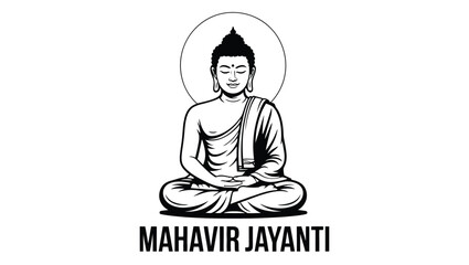 Lord Mahavir Meditation Line Art Illustration With Mahavir Jayanti Text, Jain Festival Spiritual Religious Design In Minimal Black Outline Style For Greeting Banner Poster Card IsolatedMobil 