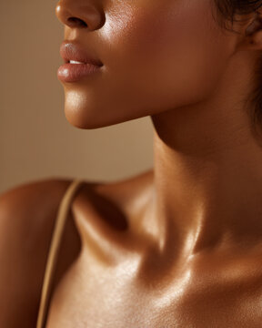 Glowing dewy skin on dark complexion with warm soft light highlighting collarbone and smooth texture