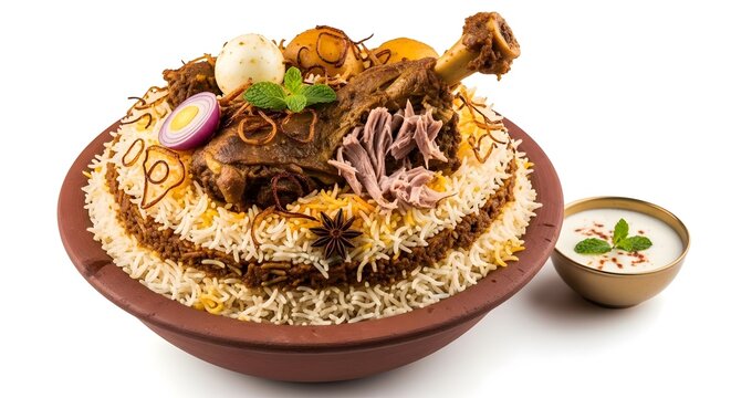 Rich saffron-colored biryani with tender mutton pieces in earthen pot