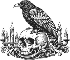 Fototapeta premium Raven perched on human skull surrounded by burning candles and ornamental scrollwork design