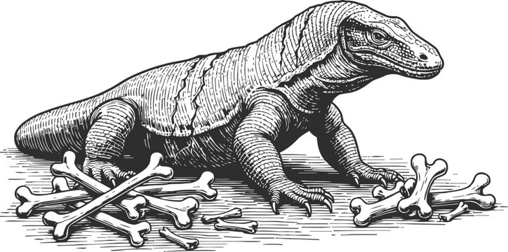Komodo dragon reptile lying near scattered animal bones in detailed black and white vintage engraving