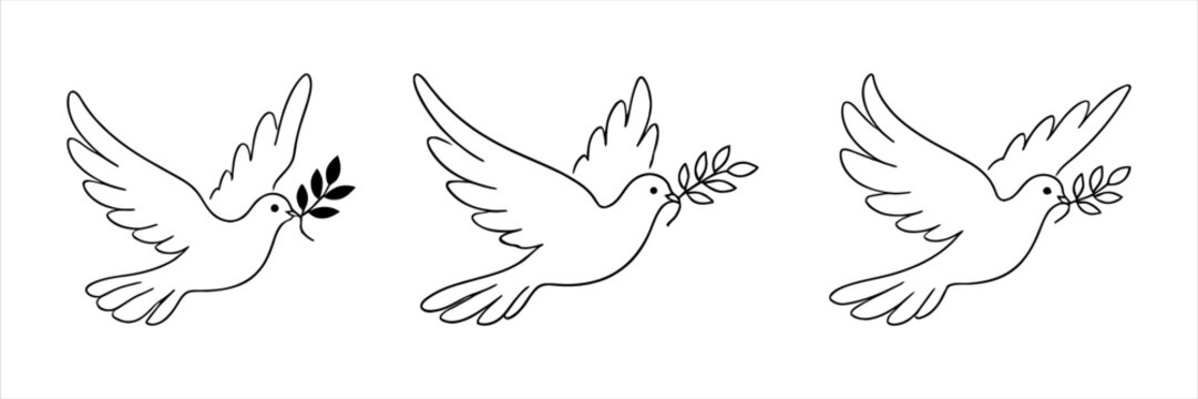 Three doves with olive branches, symbols of peace, flying majestically