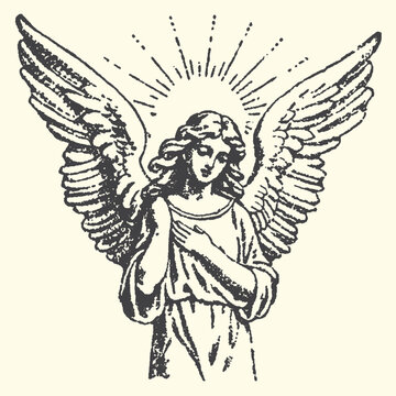 Angel with harp flying divine light spiritual illustration black white sketch art