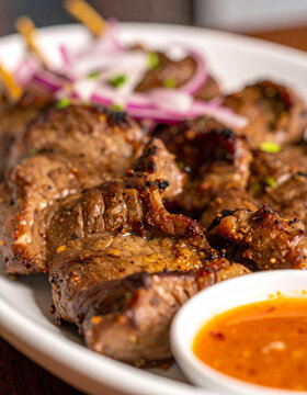 Anticuchos, skewered grilled meat, juicy and tender, served with spicy sauce, authentic Peruvian cuisine