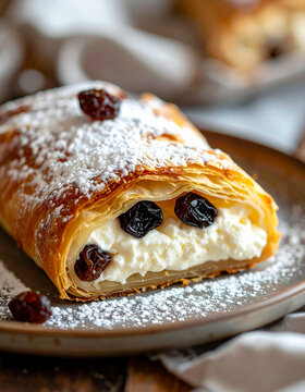Austrian Topfenstrudel, sweet strudel with quark cheese and raisins, traditional dessert, tasty treat.
