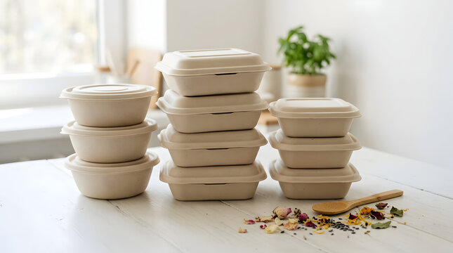 Stack of eco friendly compostable paper food containers with a wooden spoon on a white kitchen counter for sustainable meal prep
