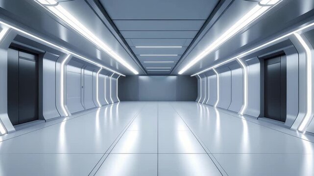Empty futuristic white corridor with bright linear lighting in a modern spaceship or laboratory interior