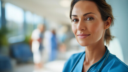 Fototapeta premium Close up portrait of a female healthcare worker in a bright hospital corridor professional nursing attire and stethoscope in clear focus a calm and experienced expression warm