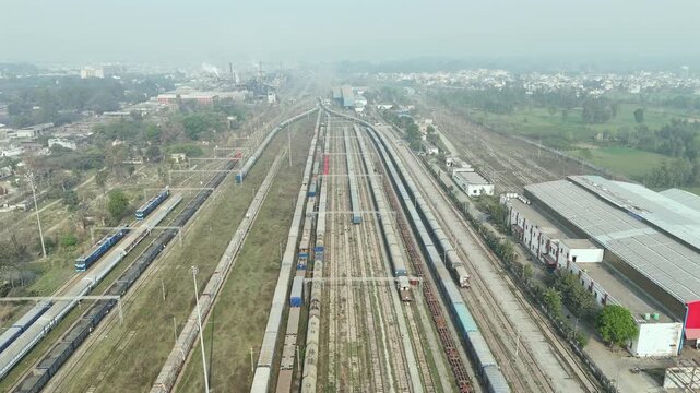 Aerial 4k shot of Rail yard in Saharanpur, Uttar Pradesh, India