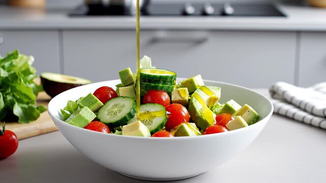 Fresh avocado and tomato salad being drizzled with olive oil in a white bowl, ready to serve