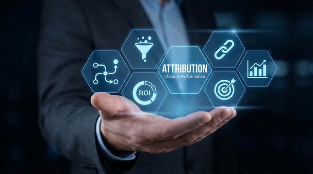 Marketing Attribution Concept: Business Person Holding Digital Hexagons with Icons for ROI, Funnel, Target, Growth Chart, Link, Strategy