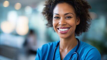 Fototapeta premium Close up portrait of a smiling female nurse in vivid blue scrubs with a stethoscope draped around the neck warm professional lighting creating a friendly and approachable