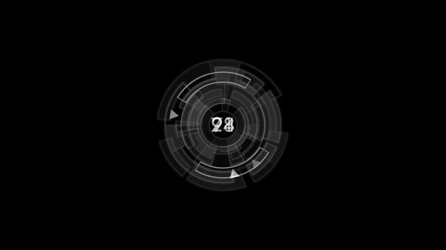 Futuristic countdown HUD animation video. Digital timer interface with rotating circular tech elements and data display on black background