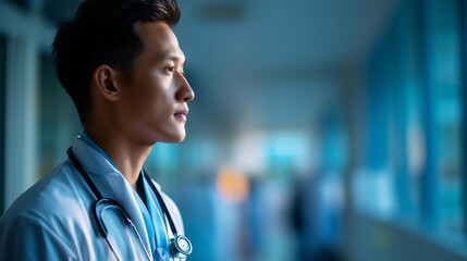 Fototapeta premium Faceless male Asian doctor from the side in a bright hospital corridor stethoscope draped over the shoulders of a pristine white coat posture upright and calm natural light