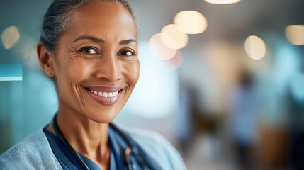 Obraz premium Close up portrait of a smiling middle aged female healthcare worker in a professional hospital corridor warm institutional lighting creating a flattering portrait quality the