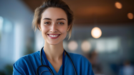 Close up portrait of a smiling young doctor or nurse in clean blue uniform directly facing the camera warm clinical lighting creating an approachable and professional portrait