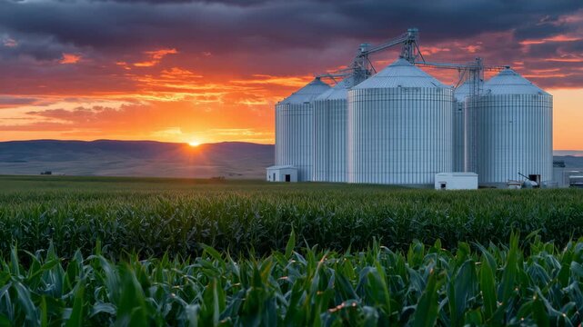 9Modern grain silos adjacent to thriving cornfield, warm sunset light reflecting off metal surfaces, agricultural production and food storage symbolism, close-up rural scene