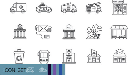 Print Public Infrastructure and Community Services Icon Set Featuring Emergency Vehicles Government Buildings Education and Urban Amenities © Rahim