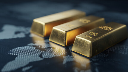 gold bars on world map background, global finance and economy concept, investment and wealth growth
