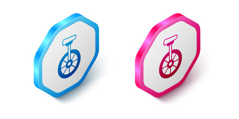 Isometric Unicycle or one wheel bicycle icon isolated on white background. Monowheel bicycle. Hexagon button. Vector © Iryna