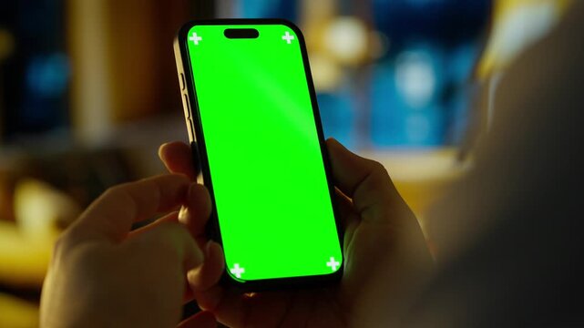 Person holding modern smartphone with bright green screen mockup in cozy indoor home environment, showcasing blank display for app design or user interface preview