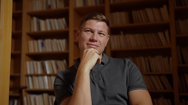 Man posing thoughtfully in a library with bookshelves background thoughtful pose library indoor knowledge.