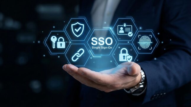Businessman Hand Holding SSO Single Sign-On Cybersecurity Security Icons and Technology Network Connection