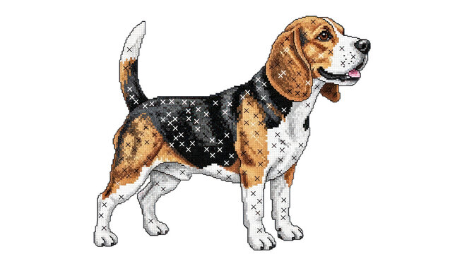 A detailed cross-stitch depiction of a Beagle dog standing against a black background.