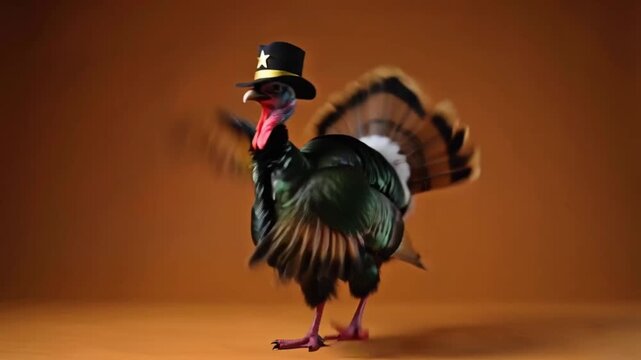 Funny dancing cute turkey bird wearing a pilgrim hat, joyful Thanksgiving celebration, playful dance pose with wings up, empty bright orange background, cartoon style, vibrant colors, smooth animation