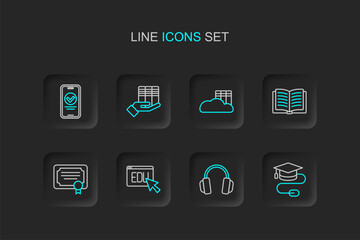 Naklejka premium Set line Graduation cap with mouse, Headphones, Online education, Certificate template, Open book, Cloud or online library, Book donation and quiz, test, survey icon. Vector
