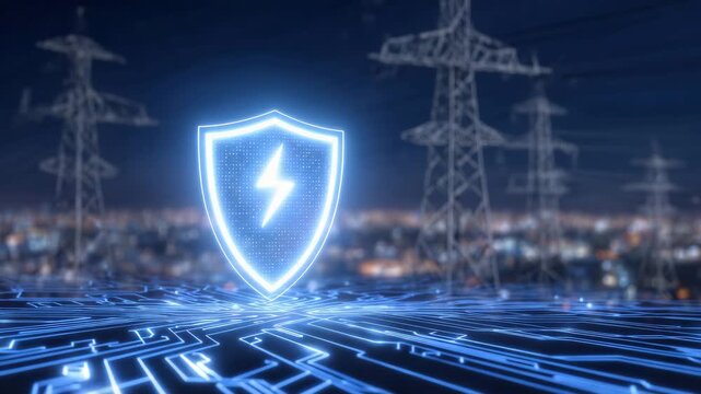 97Glowing digital security shield above transmission towers, neon circuit lines, cyber defense of electrical infrastructure, secure energy flow, futuristic protection system