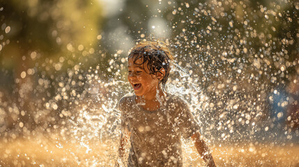 Fototapeta premium joyful child playing with water splashes in summer, happy little girl laughing in fountain spray, childhood fun and refreshing water play