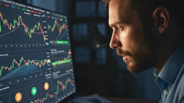 Man Focused on Financial Trading Charts on Computer Screen at Night.