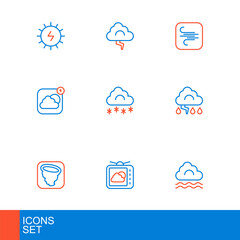 Fototapeta premium Set line Fog and cloud, Weather forecast, Tornado, Cloud lightning, app, with snow, Wind and icon. Vector