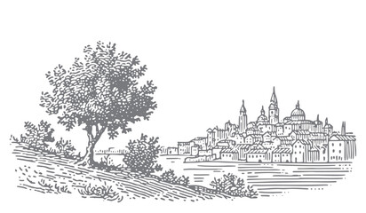 Vintage illustration of a European coastal town with a tree in the foreground. © RetroVector