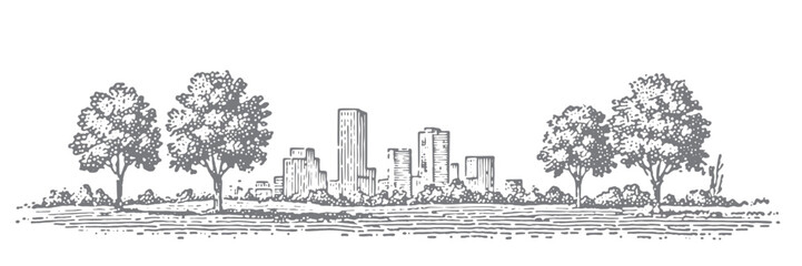 Fototapeta premium Pen and ink drawing of a city skyline with trees and a grassy foreground.