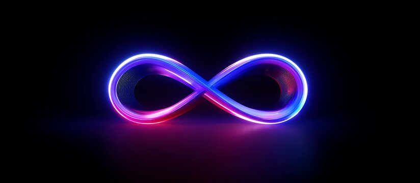 A glowing neon infinity symbol displayed on a dark background, featuring vibrant blue and pink light trails forming a smooth continuous loop.