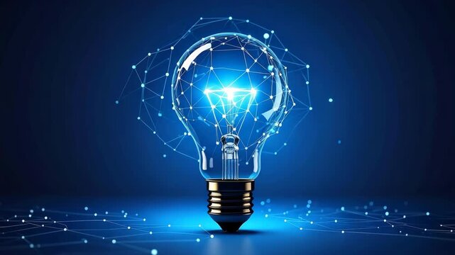 Glowing light bulb with digital neural network connections on a dark blue background representing innovation and technology