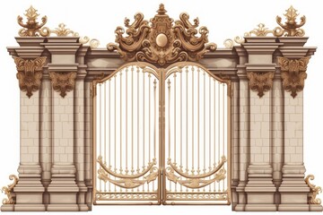 Elegant decorative entrance gate featuring detailed golden metalwork and stone columns