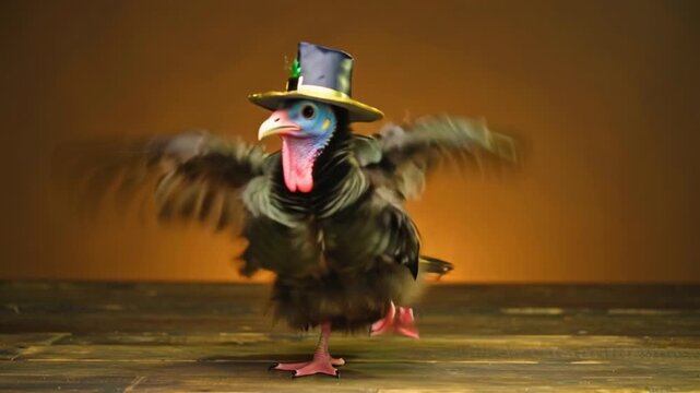 Funny Thanksgiving turkey dancing with wings spread, pilgrim hat bouncing as it moves, lively cartoon animation, isolated on bright orange background