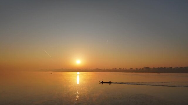 Beautiful golden Sunrise at River Narmada in Maheshwar Madhya Pradesh, India