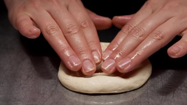 Close-up sequence of a hand pressing and flattening a small ball of dough into a smooth round disc on a dark countertop, showing texture and shaping process