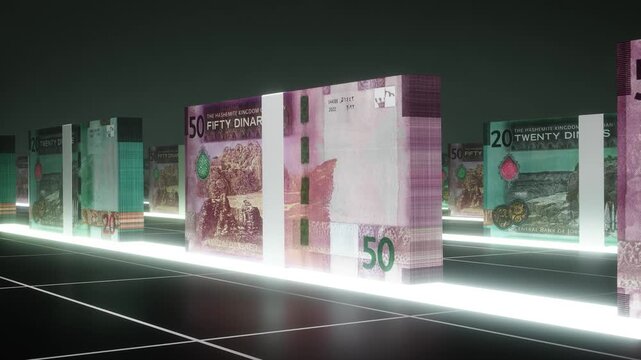 Jordan Banknote Bundles with Neon Glow on Dark Background, Slow Camera Movement, Dinar Realistic 3D Currency Animation in 4K, Business and Inflation Concept